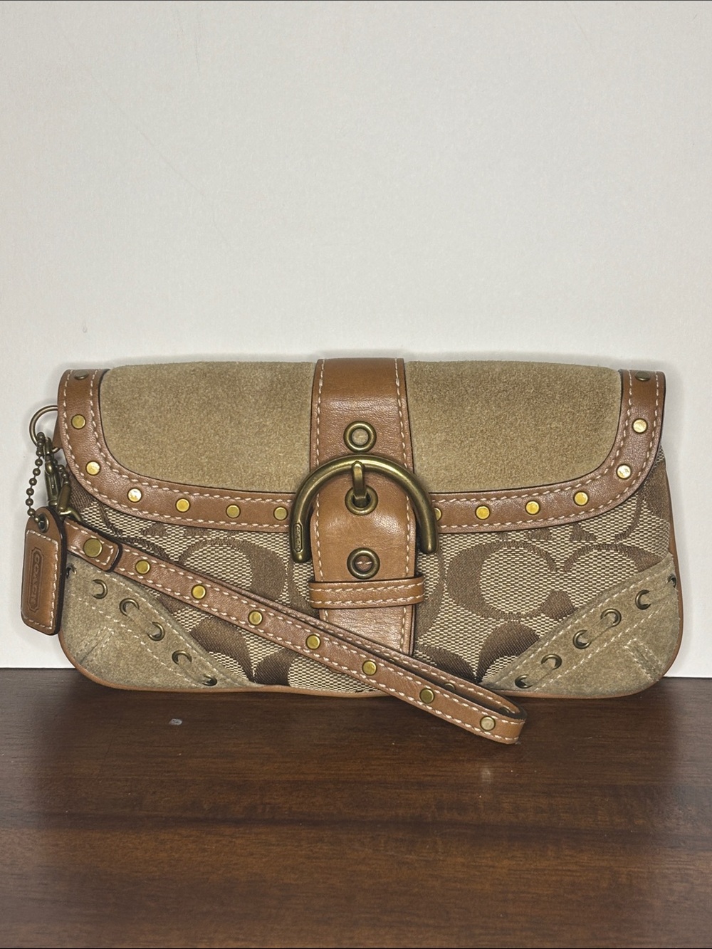 Coach Vintage Y2K 5878 Soho Signature Studded Buckle Flap Canvas Suede Wristlet